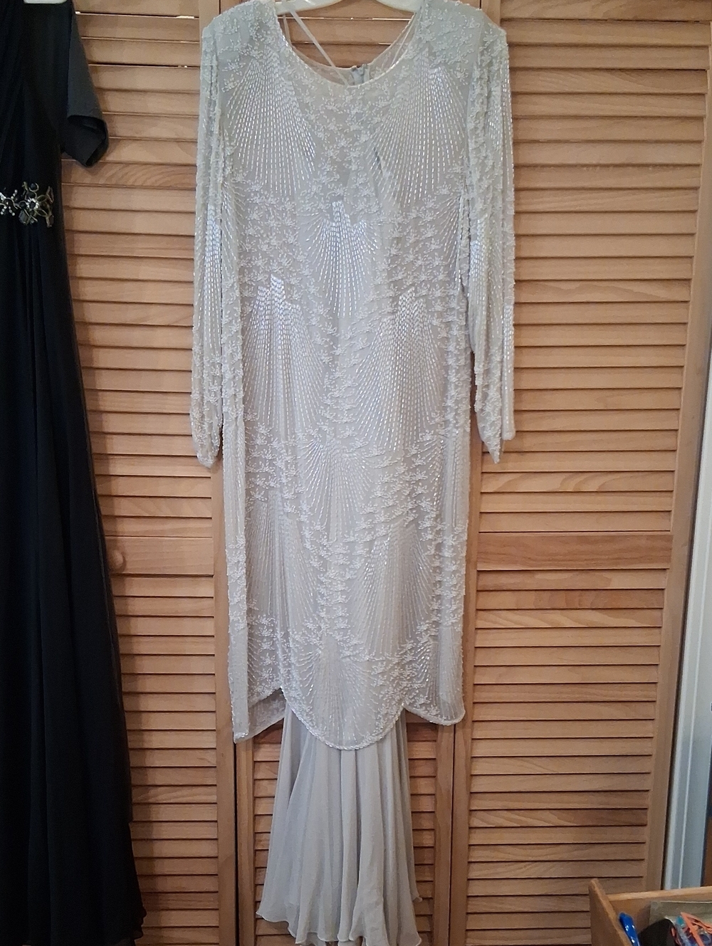 Laura Salkin Silk Beaded Long-Sleeve Silver Evening Gown